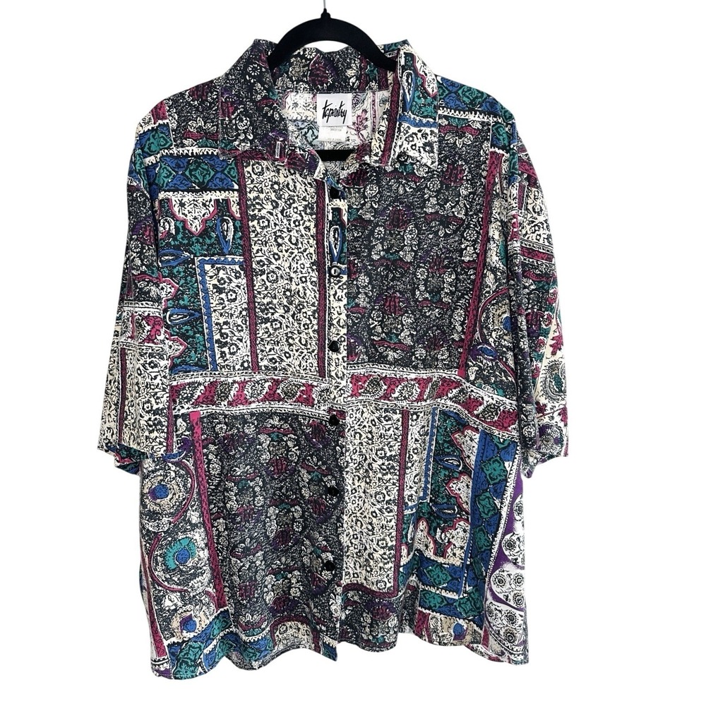VTG 90s Tapestry Patchwork Button Down Shirt Women's 22W Plus‎ Made in USA Retro